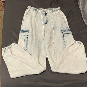 Forever 21 baggy lightwash jeans with synched elastic ankles